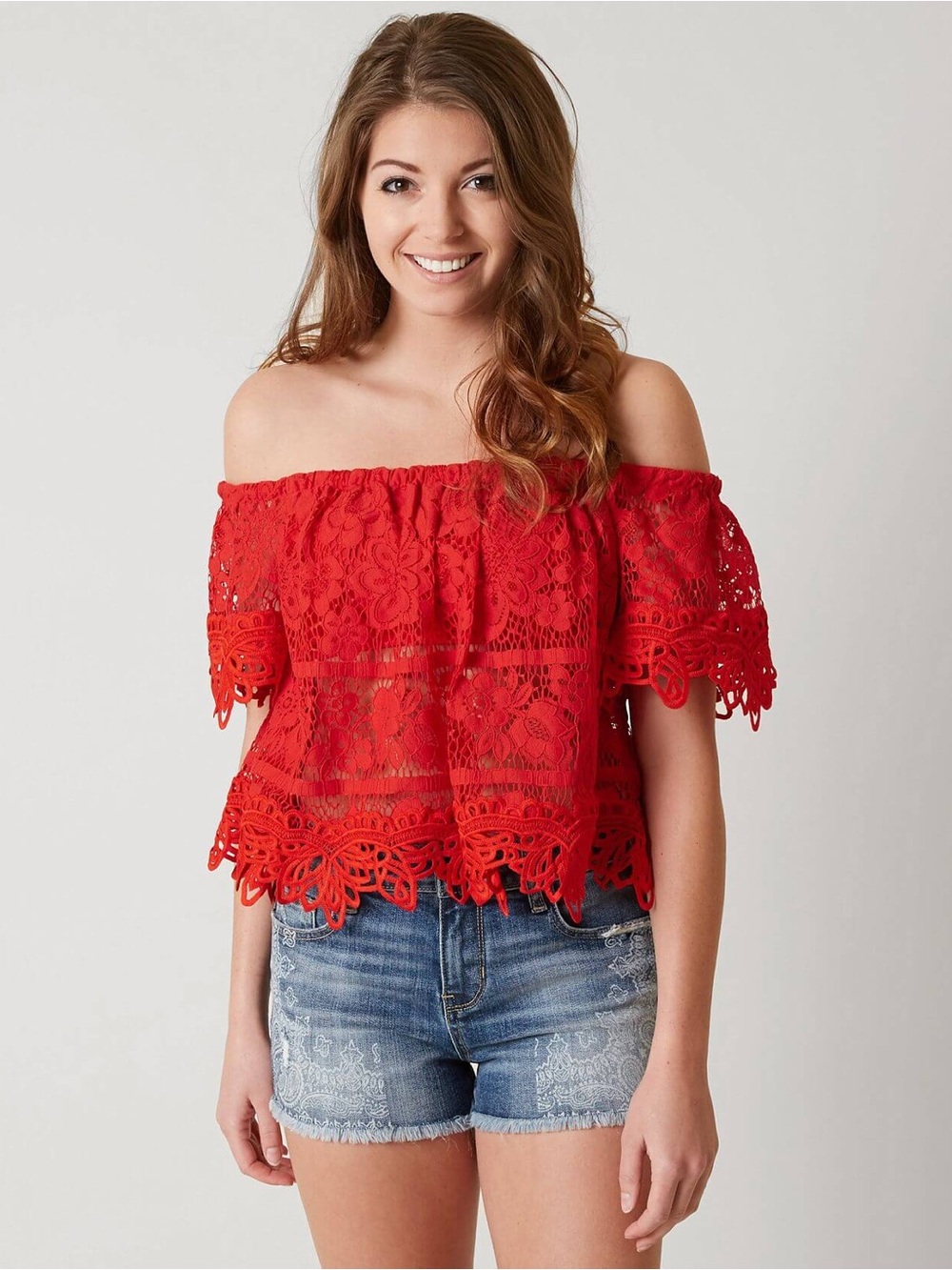 Free People Red Off-Shoulder Lace Crop Top
